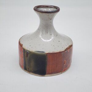 Vintage Handmade Ceramic Bud Vase With Speckled Finish & Color Block Design 3"